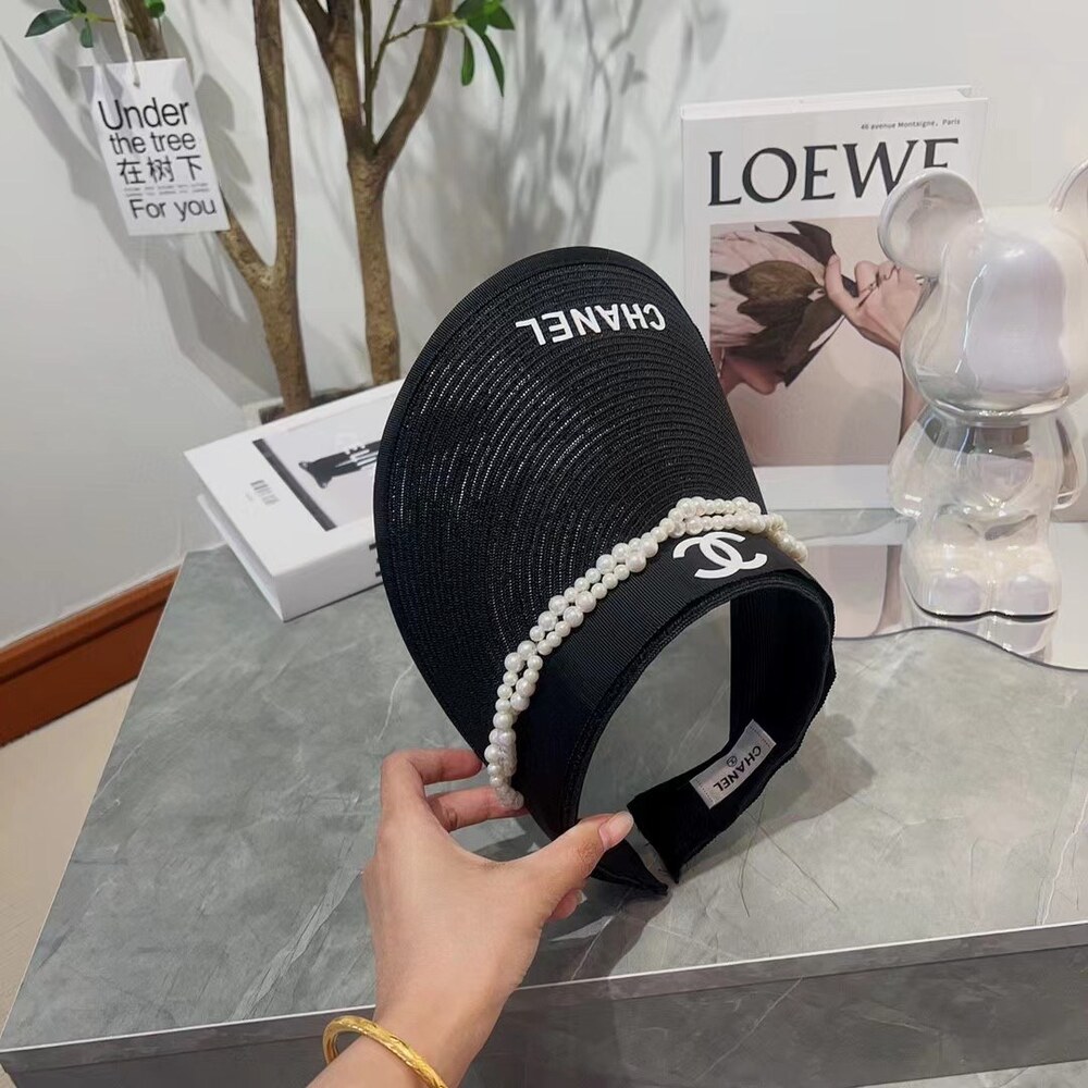 Chanel Pearl Trim Black Straw Sun Visor - Picture 4 of 6